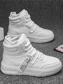 Casual Sports Shoes, Soft Sole & Soft Fabric, Comfortable Couple Shoes, Solid Color High-Top Round Toe Lace-Up Everyday Casual Fashionable Daily Wear Boots, PU Leather Waterproof Anti-Oil Men's Dress Shoes For Everyday Commute And Outdoor, Young Men's Canvas Sneakers With Double Laces, Thick Sole, Anti-Slip, Wear-Resistant, Casual Comfortable Men's Shoes To Increase Height, Men's Fashion Leather Boots