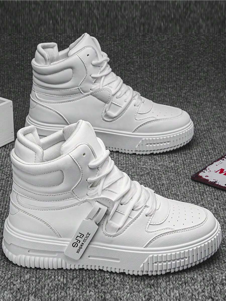 Casual Sports Shoes, Soft Sole & Soft Fabric, Comfortable Couple Shoes, Solid Color High-Top Round Toe Lace-Up Everyday Casual Fashionable Daily Wear Boots, PU Leather Waterproof Anti-Oil Men's Dress Shoes For Everyday Commute And Outdoor, Young Men's Canvas Sneakers With Double Laces, Thick Sole, Anti-Slip, Wear-Resistant, Casual Comfortable Men's Shoes To Increase Height, Men's Fashion Leather Boots