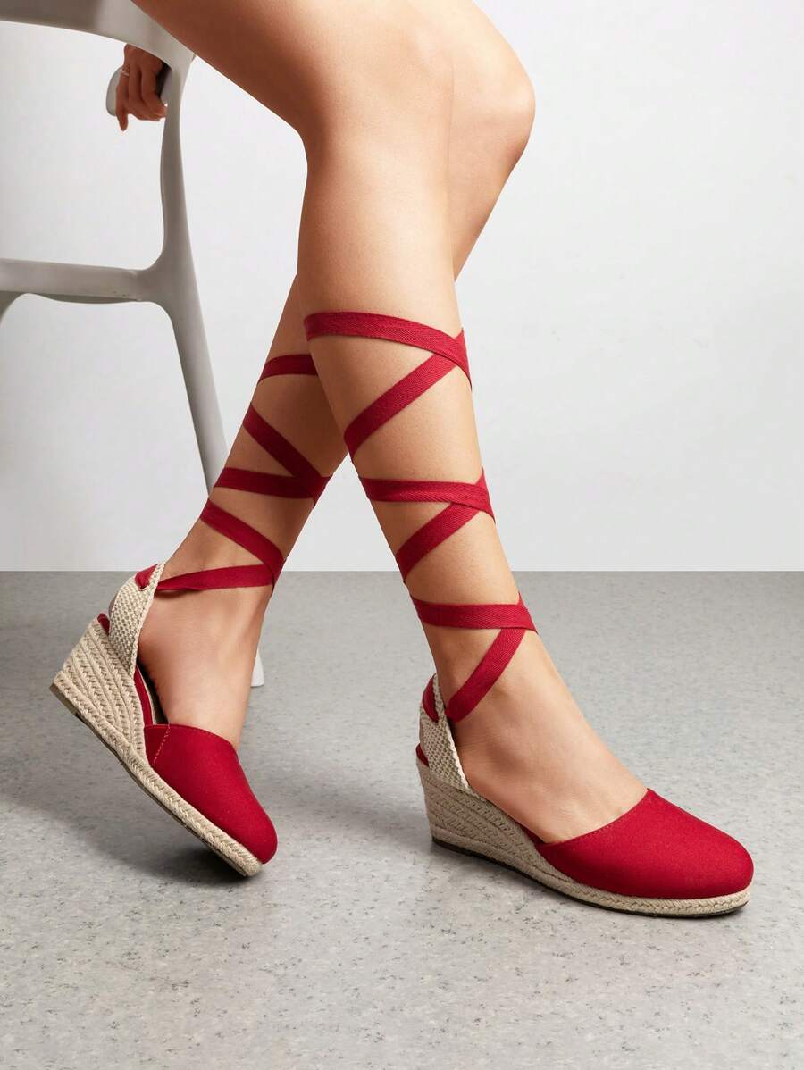 Women's Closed Toe Lace Up Espadrilles Fashion Straps Sandals  Vocation Beach Dressy Summer Platform Wedge Sandals Shoes - 紅色 - 查看 1