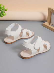 1 Pair Infant/Toddler Girls Plain Color PU Strap Strap Hook And Loop Design Round Toe Open Toe Comfort Fashion Roman Sandals, Suitable For 3-12 Years Old Girl Students Daily Casual/Holiday Outdoor Wear, Spring/Summer New 2025
