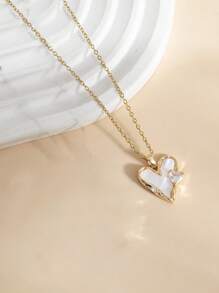 1pc Minimalist 14K Gold Plated Mother Of Pearl Heart Necklace, European Style