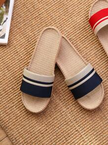 Men's Summer Beach Vacation Couple Linen Slippers, Women's Indoor Non-Slip Home Slippers, Multi-Color Stitching - Blue - View 2