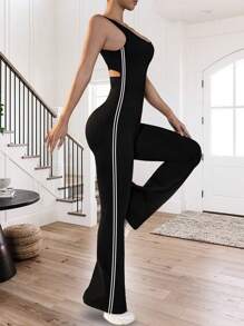 1 件女式运动喇叭连体裤，带肩带和紧身露背，高弹力提臀双条纹瑜伽紧身裤，修身休闲装塑身连体裤 - 黑色 - 查看 2