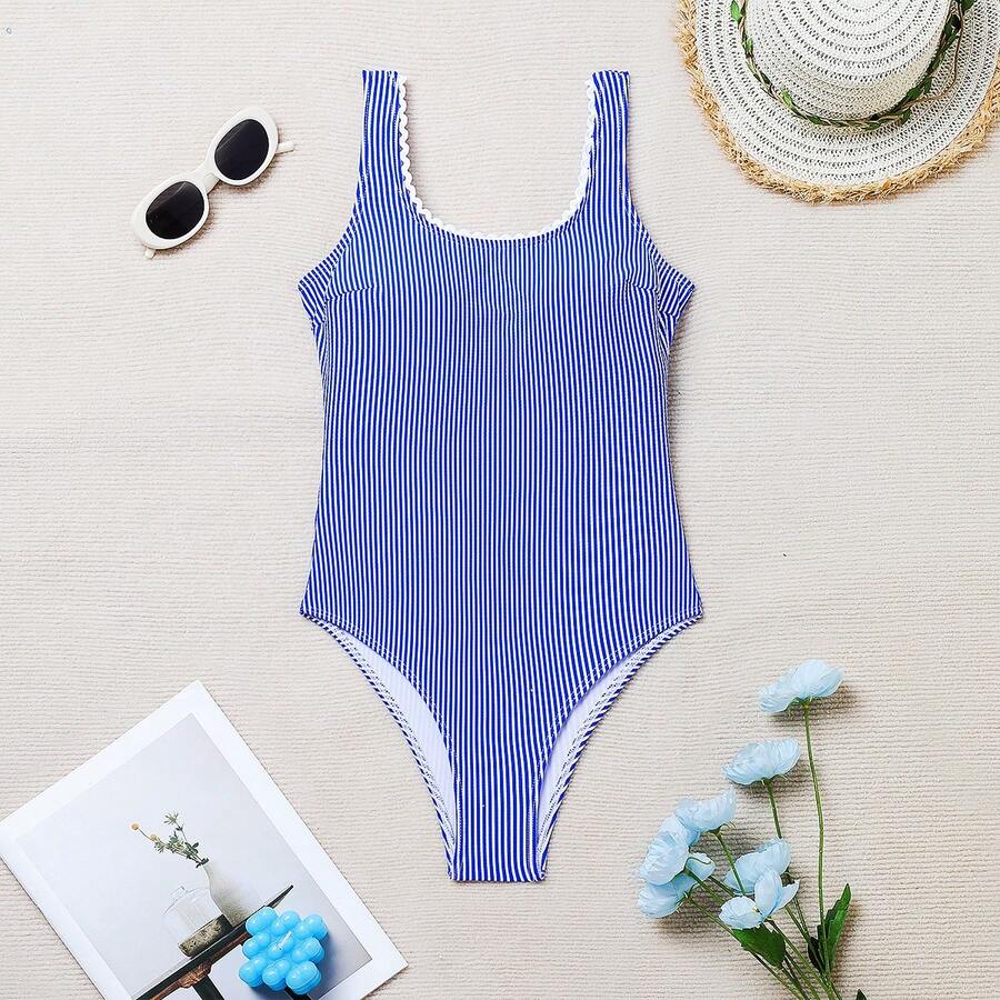 1 件蓝白条纹蕾丝边性感连体泳衣，适合夏季海滩度假 - 彩色 - 查看 1