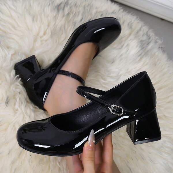 New Shiny Patent Leather Thick Heel Round Toe Red High Heeled Pumps For Women. Decorative Strap Buckle On Instep, Mary Jane Style, Comfortable Indoor Outdoor Party Shoes. Leopard Pattern Leather Bohemian Style Black High Heels