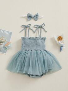 Infant Girls Casual Romper With Headdress, Floral Tie-Up Off-The-Shoulder Jumpsuit With Yarn Hem - Blue - View 3