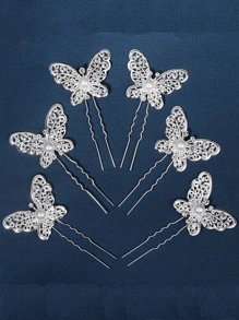 5 件女士 U 型新娘发夹，银色蝴蝶珍珠水钻新娘发夹，休闲百搭发髻配饰，适合婚礼和日常使用 - 銀色 - 查看 3