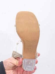 Women's Fashion Transparent Chunky Heel Sandals With Gold Rivets Decor, Paired With Crystal Block Heel, Stylish And Eye-Catching, Suitable For Women, Suitable For Daily Wear Or Street Photography - Gold - View 7