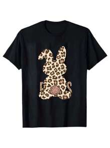 Camiseta divertida de 190g con estampado de conejo, conejito y leopardo para Pascua - Negro - Ver 2