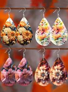 1Pair Bohemian Flower Wooden Small Water Drop Earrings, Watercolor Flower Pattern Earrings Pendant, Girls Jewelry Gift