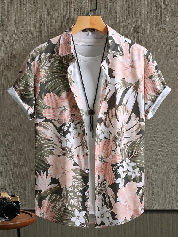 Men's Floral Print Button Down Short Sleeve Shirt