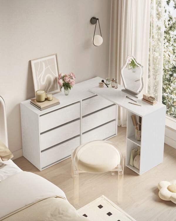 SONGMICS HOME Coiffeuse, Assemblage Rapide sans Outils Toolless, Commode, Meuble de Rangement, avec Étagère, Côte à Côte ou en L, pour Chambre, Bureau, Blanc Neige