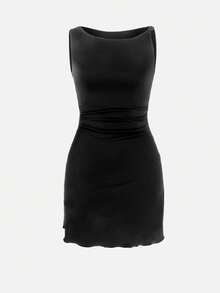 2025 Summer New European & American Style Women's Sleeveless Ruched Bodycon Mini Dress, Black, Slimming & Elegant