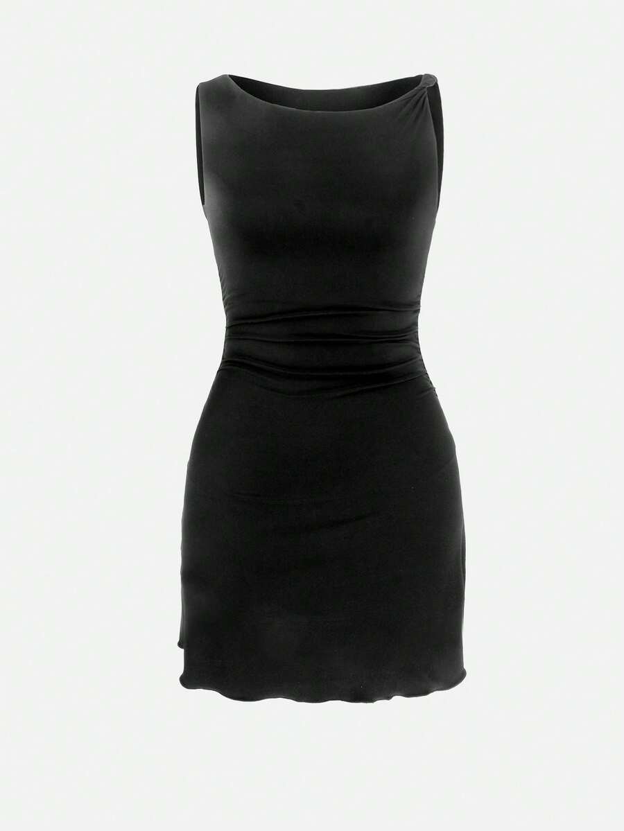 Vestido mini ajustado y plisado para mujer, nuevo lanzamiento de verano 2025, sin mangas, estilizador, elegante vestido negro - Negro - Ver 1