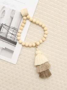 1Pair Wooden Curtain Hook Magnetic Beaded Tassels Tri-Colored, Boho Wooden Curtain Holder With Tassels No Drilling, For Office, Bedroom, Living Room