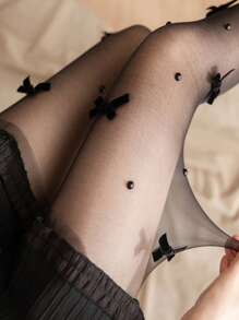 全新手工珍珠蝴蝶结设计连裤袜，可爱学院风甜美女孩黑/裸色透明丝袜，厂家直销 - 黑色 - 查看 8