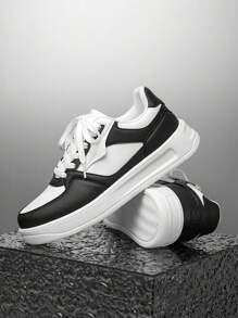 Men's Classic Fashion Colorblock Lace-Up Casual Sneakers, Stylish Outdoor Street Wear Round Toe Thick Sole Low-Top Shoes - White and Black - View 3