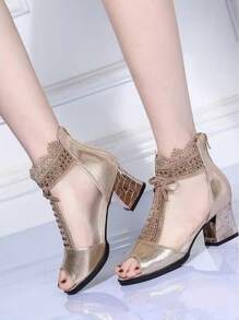 2025 夏季新款女士广场舞鞋蕾丝水钻网眼坡跟芭蕾舞鞋，露趾软底舞蹈鞋 - 金色 - 查看 11