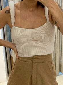 Womens Square Neck Tank Tops Fashion Sleeveless Solid Color Knit Tops Slim Fit Shirts - Khaki - View 2