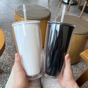 1pc Dual-Layer Coffee Cup Style 760ml Portable Plastic Sports Water Bottle With Lid And Straw, Ideal Gift For Mother's Day, Valentine's Day, Christmas, Birthday, Suitable For Women, Men, Fitness, Gym, Travel, Hiking, Camping, Cycling And Outdoor Activities