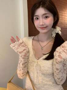 Áo lót dài tay cổ chữ V ren độc đáo, thanh lịch dành cho nữ, mẫu mới mùa xuân 2025. - Màu be - Xem 5