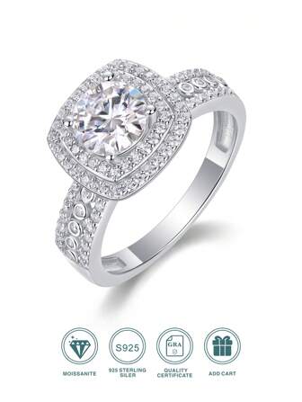 1 karat moissanite fyrkantsskuren Halo-ring, 925 sterlingsilver 18K guldpläterad, helbeläggningsdesign med sidostenar, hypoallergen nickelfri, fasta storlekar 5/6/7/8/9, lämplig för bröllop, förlovning och speciella tillfällen, levereras med GRA-certifikat