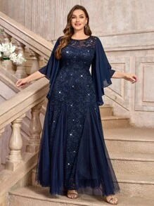 Plus Size Sequins Lace  Cape Cloak Sleeves Tulle Mermaid Hemline Evening Party Long Dress