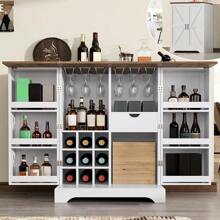 Merluxy 61" Farmhouse Bar Cabinet With 9 Wine Racks, Folding Liquor Storage, Expandable Coffee Bar Station With Drawer, Rustic White Mini Bar For Kitchen & Dining Room
