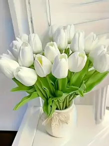 10 قطع من الزهور البيضاء الأنيقة الاصطناعية - ساق بلاستيكية ريالية ، مثالية لعيد الحب ، إكليل الربيع ، باقات الزفاف ، ديكور المنزل والمكتب والحفلات ، لا تحتاج إلى طاقة أو بطارية