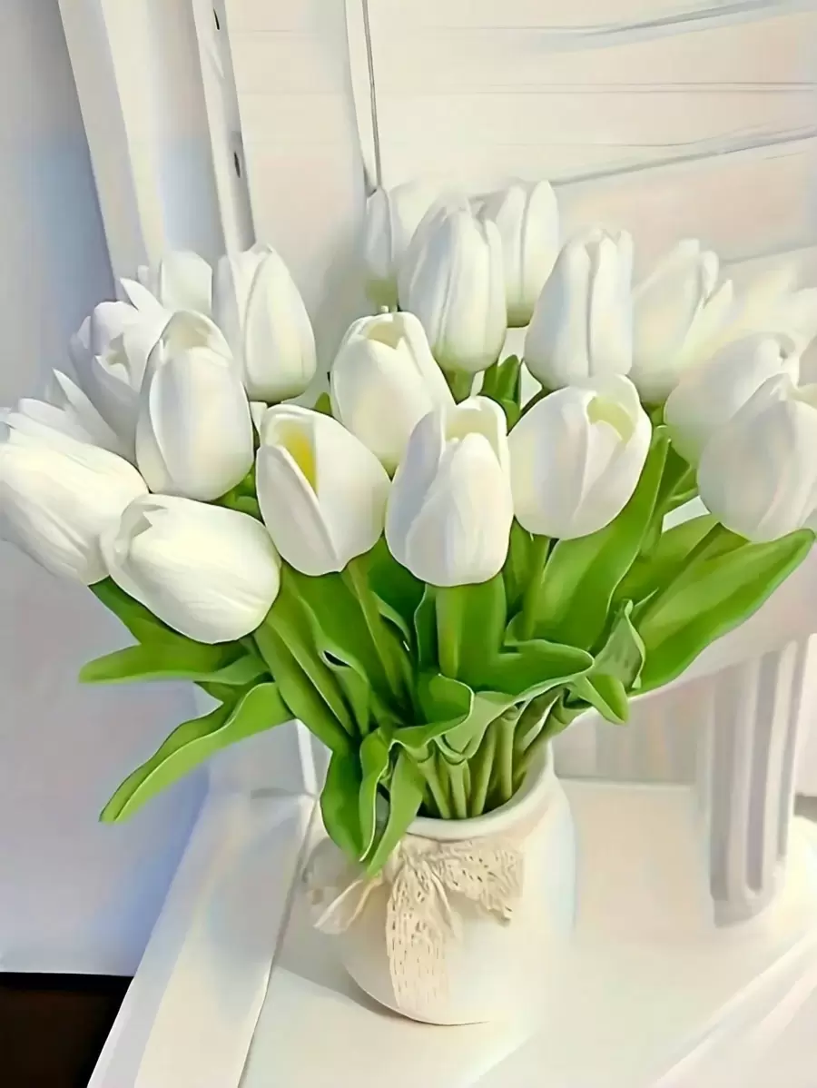 10 قطع من الزهور البيضاء الأنيقة الاصطناعية - ساق بلاستيكية ريالية ، مثالية لعيد الحب ، إكليل الربيع ، باقات الزفاف ، ديكور المنزل والمكتب والحفلات ، لا تحتاج إلى طاقة أو بطارية