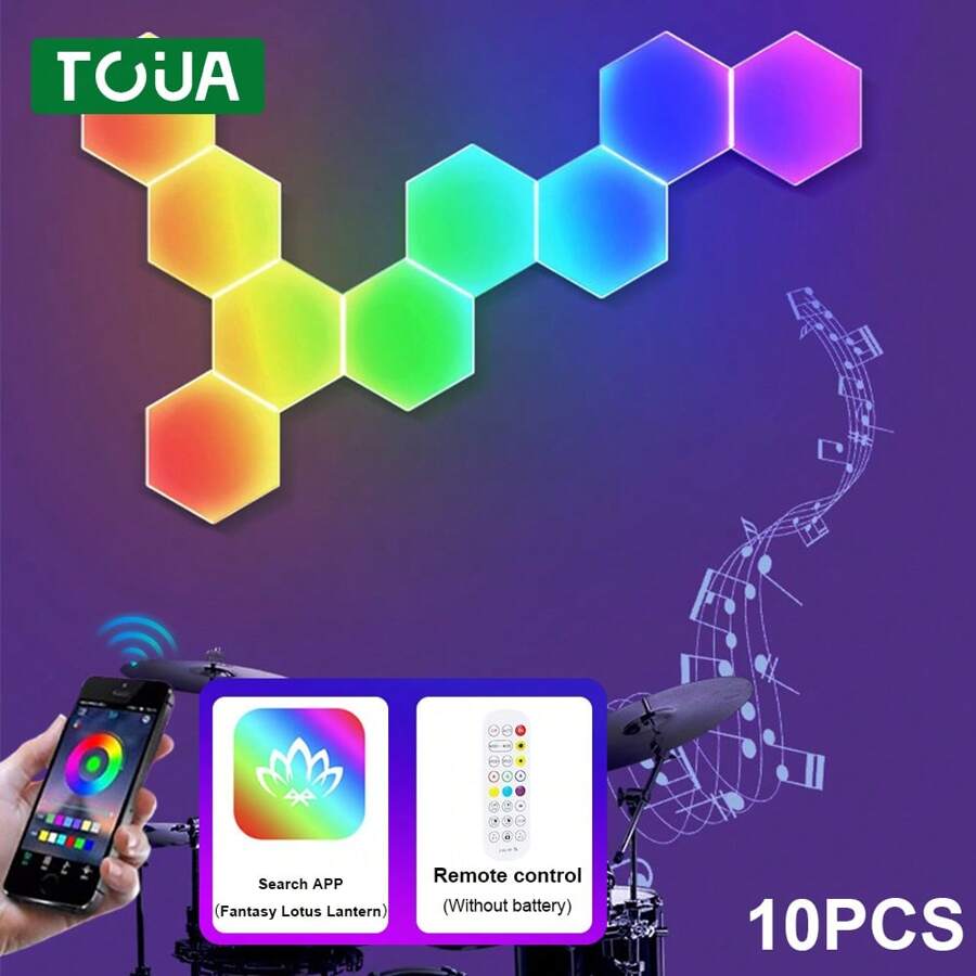 10 piezas Lámparas de pared RGB LED efecto hexagonal con sensor táctil, luz nocturna inalámbrica de control de color para dormitorio