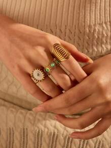 Set de 3 anillos de acero inoxidable en dorado, blanco con turquesa y verde con girasol, adecuado para uso diario o como regalo - Amarillo Oro - Ver 1
