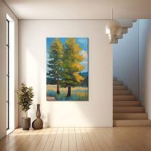 Two Green Pine Trees On A Sunny Day. Large Wooden Framed Wall Painting Artist Home Decoration Oil Painting - Bedroom, Bathroom, Living Room, Office, Kitchen, Christmas Gifts - 1 Piece