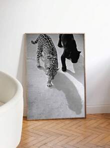 1PC Leopard And Jaguar Walking Canvas Poster, Black And White Animal Wall Art, Vintage Photography Fashion Print, 50's Deco Retro Wall Decor For Autumn Farmhouse, Frameless Art Deco Classic Ink Artwork For Kitchen, Home Office, Bathroom, Living Room, Bedroom - Indoor Portrait Wall Hanging Decor