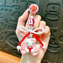 Sanrio 1PC New Cartoon Bow Cat Keychain Pendant Personalized Hand Drawn Bead Rice Bead Chain Accessories Earphone Cover Decoration