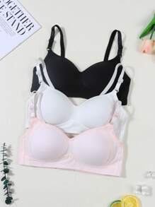 3pcs/Set Teen Girls' Ribbed Comfortable Simple Style Bras, Suitable For 13-16 Years Old - Multicolor - View 2