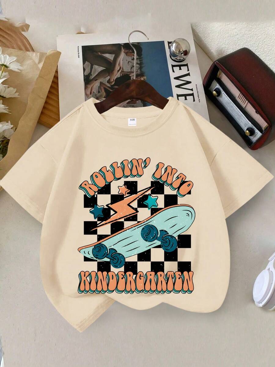Young Boy's Skateboard And Slogan Print Round Neck Short Sleeve Tee Spring And Summer Casual T Shirt For Kids - Apricot - View 1