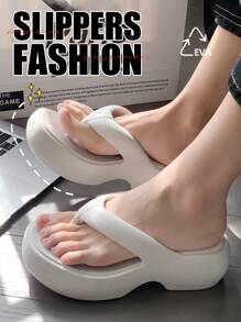 Women's White Thick Sole High Heel Slide Sandals, Summer Slippers, Fashionable Anti-Slip Flip Flops, Outdoor Style - White - View 5