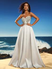 女士优雅水钻装饰露肩正式晚礼服、派对礼服、婚礼宾客礼服、长袍 - 銀色 - 查看 7