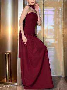 Women Summer Bandage Tube Long Dress With Scarf, Bodycon Sexy Elegant Party Dress Evening, Wedding Guest Dress, Formal Dress, Gown, Valentine's Day - Burgundy - View 6