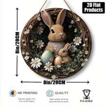 1 szt. Drewniany wiszący znak królika w stylu vintage, boho królik i wzór jajka z motywem wielkanocnego króliczka, ozdobiony wieńcem słoneczników, odpowiedni do wystroju domu w stylu wiejskim, na drzwi wejściowe, werandę, salon, sypialnię - wiosenny wystrój wnętrz/zewnątrz