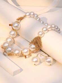 Set de 3 piezas de collar y aretes tejidos con perlas falsas, elegante y apropiado para uso diario, fiestas, regalo para mamá