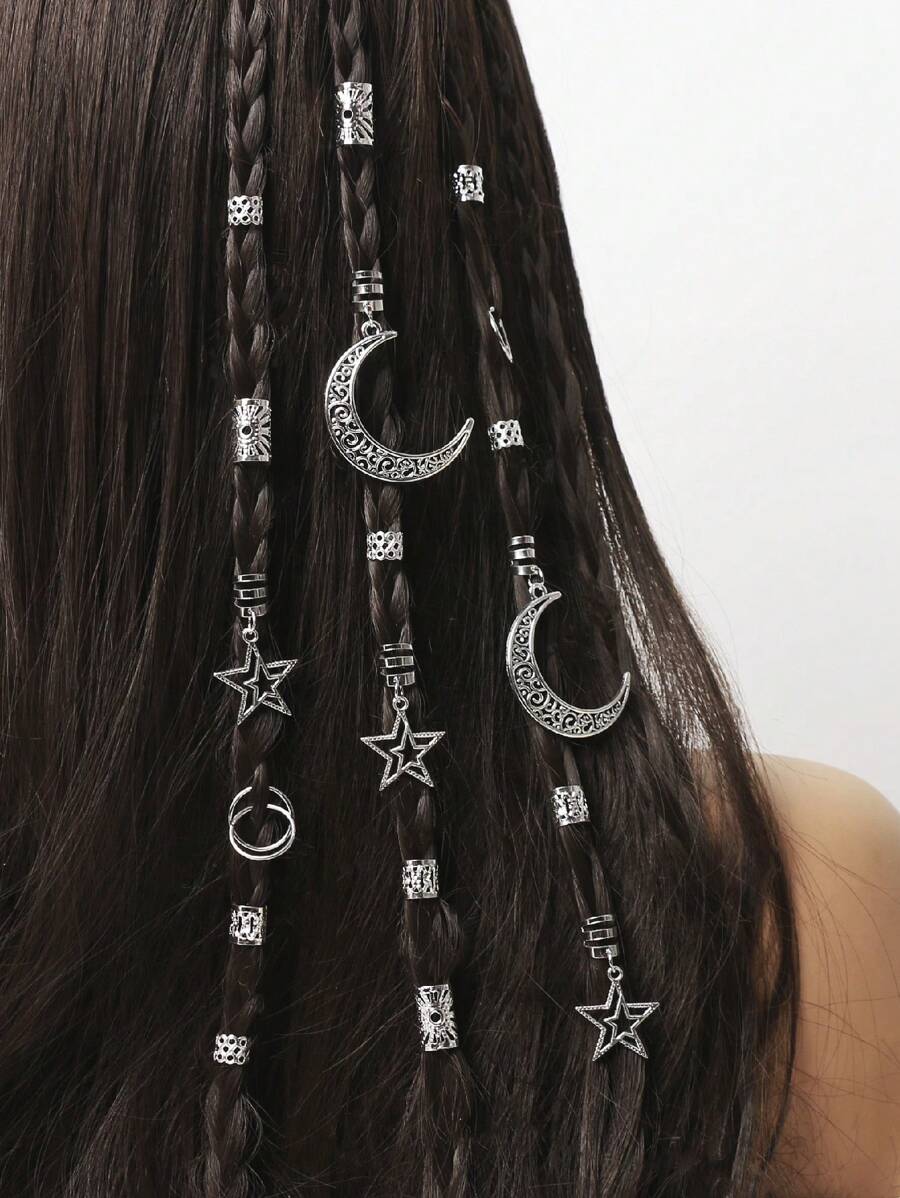 45 piezas Surtido de cuentas para rastas de mujer con diseño de luna y estrella, accesorios de moda únicos para el cabello, artículos escolares