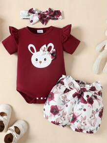 Baby Girls Shorts Set, Short Sleeve Letters Print Romper Striped Shorts With Hairband Easter Outfit