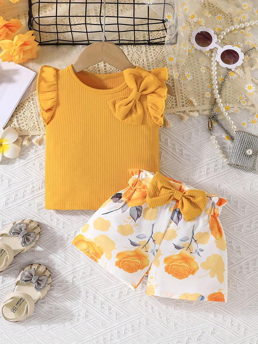 Dziewczęca prążkowana koszulka z kokardą i kwiatowym nadrukiem, zestaw szortów, prezent na letnie wakacje na świeżym powietrzu