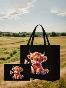 这款黑色亚麻手提袋饰有高地奶牛图案，包含一个黑色可爱卡通奶牛（大眼睛）和蝴蝶图案手提袋、一个小型零钱包/收纳袋、一个储物袋、高低奶牛图案、蝴蝶结，是母亲节礼物、个性化礼品袋的理想之选。黑色手提袋搭配黑色按扣，大小包组合，适合送给女性、母亲、教师、朋友、伴娘、学生以及返校季。