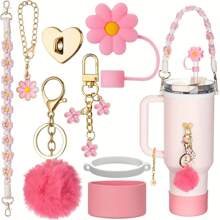 8 pièces Set d'accessoires de tasse pour Tumbler 40oz & 30oz, Tumbler avec sangle de poignée - Comprenant couvercle de paille, sangle de bouteille d'eau, crochet en forme de cœur, manchon en silicone, porte-clés, cadeau idéal pour la Saint-Valentin, pour les activités en plein air, le camping, fournitures pour la rentrée scolaire
