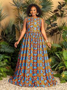 Faeriesty 加大休闲立领无袖花卉印花长裙节日连衣裙度假造型和花卉印花休闲连衣裙夏季连衣裙春装 - 橘色 - 查看 4