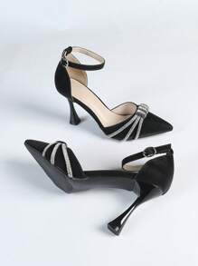 女士绑带水钻装饰高跟踝带浅口鞋，性感尖头镂空纯色派对鞋 - 黑色 - 查看 6