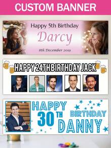 Personalized Name And Age Photo Birthday Party Banner, Custom Decorative Party Supplies, Minimalist Party Decor, Suitable For Celebration Events, Father's Day Decor, Summer Holidays, Multi-Functional, Decorative, Reusable, Exquisite And Fashionable, Colorful, Modern And Stylish, Customizable, Personalized, Unique, Ideal Gift For Him, Ideal Gift For Her - Multicolor - View 2